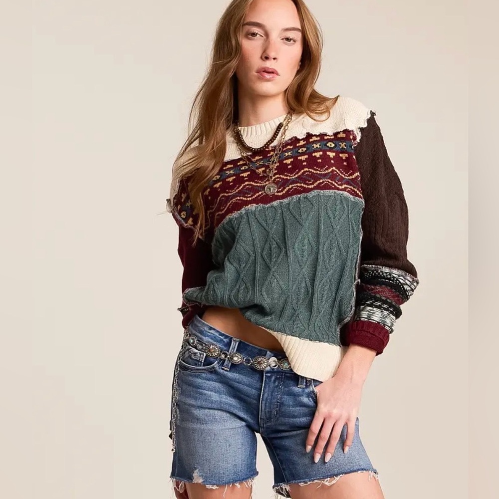 Gilded Intent Cream, Burgundy, and Teal Sweater